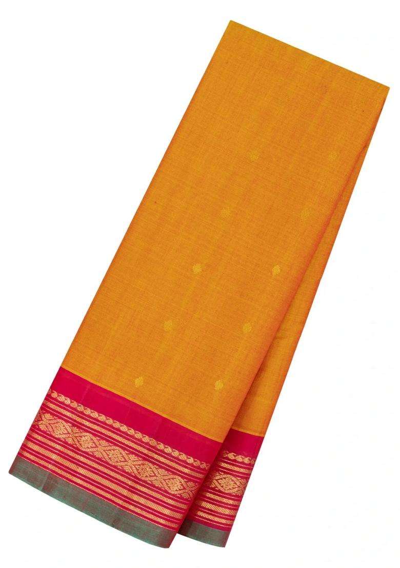 Mango Yellow Handloom Gadwal Silk Cotton Saree With Buttas With Buttas And Brocade Design For Women - Indya