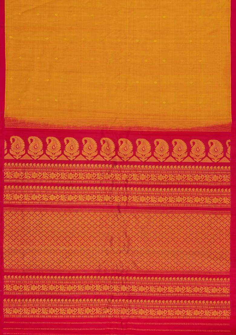 Mango Yellow Handloom Gadwal Silk Cotton Saree With Buttas With Buttas And Brocade Design For Women - Indya