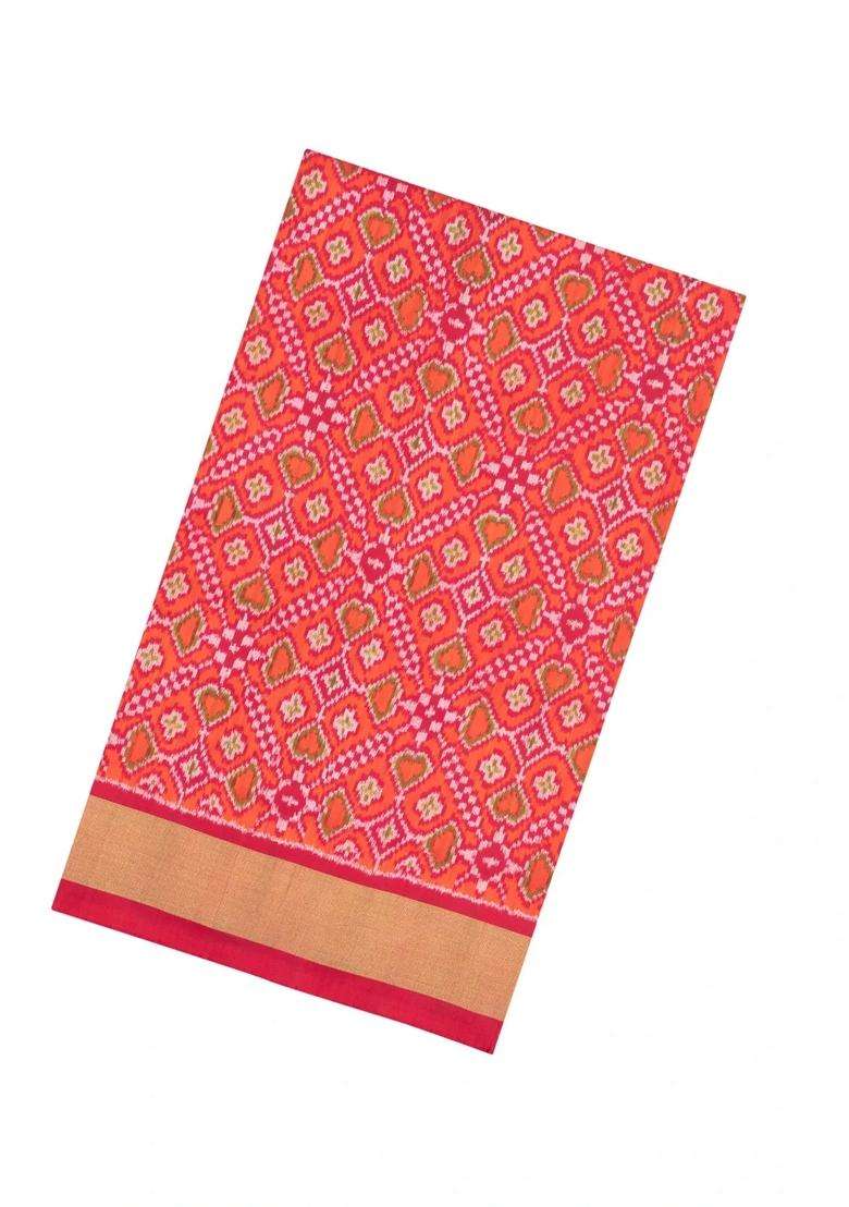 Peach Handloom Pochampally Ikat Silk Saree With Tie Dye Motifs With Printed Design For Women - Indya