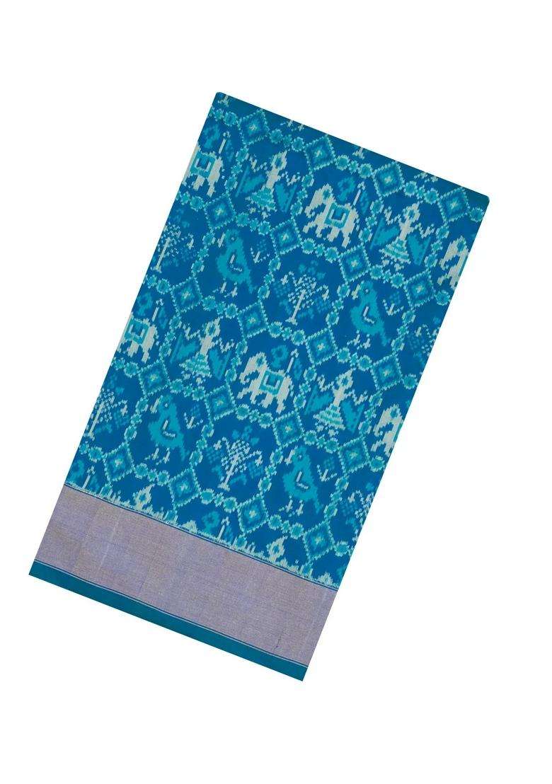 Cyan Handloom Pochampally Ikat Silk Saree With Tie Dye Motifs With Printed Design For Women - Indya