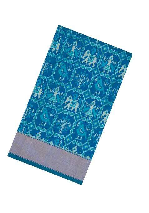 Cyan Handloom Pochampally Ikat Silk Saree With Tie Dye Motifs With Printed Design For Women