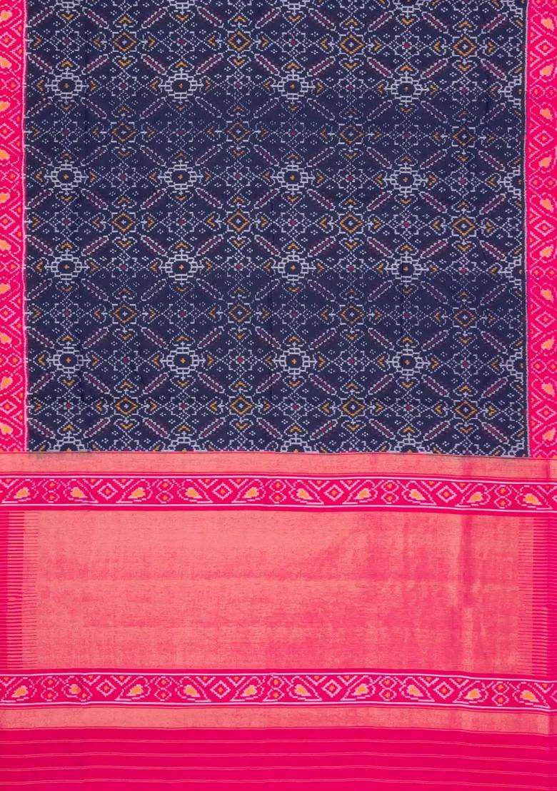Navy Blue Handloom Pochampally Ikat Silk Saree With Tie Dye Motifs With Printed Design For Women - Indya