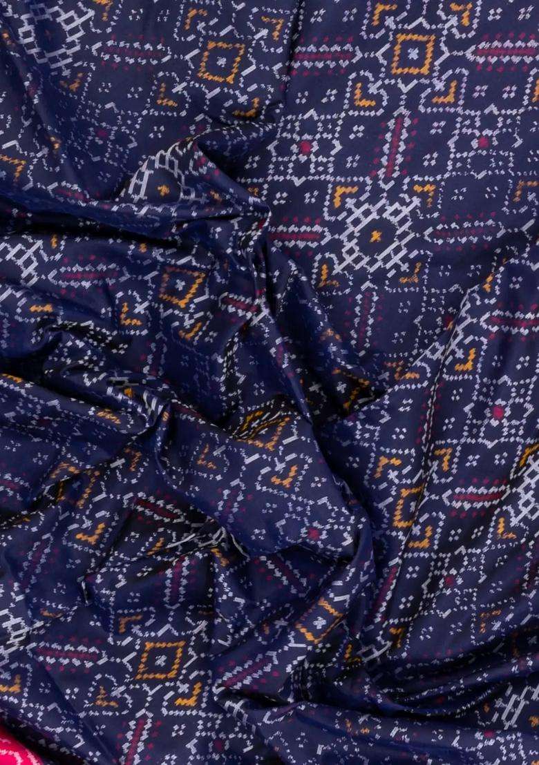 Navy Blue Handloom Pochampally Ikat Silk Saree With Tie Dye Motifs With Printed Design For Women - Indya