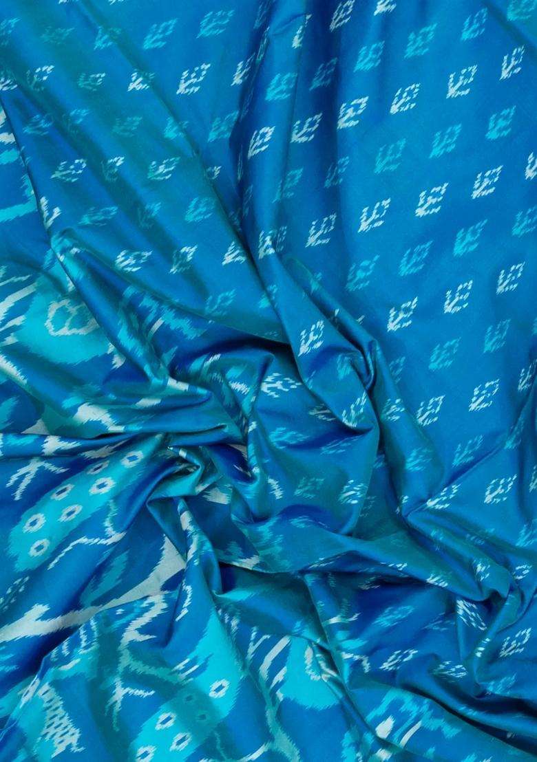 Sky Blue Handloom Pochampally Ikat Silk Saree With Tie Dye Motifs With Printed Design For Women - Indya