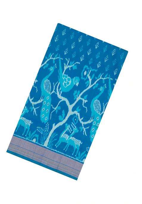Sky Blue Handloom Pochampally Ikat Silk Saree With Tie Dye Motifs With Printed Design For Women