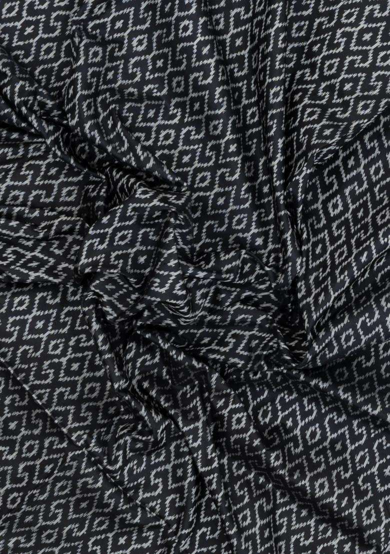 Black Handloom Pochampally Ikat Silk Saree With Tie Dye Motifs With Printed Design For Women - Indya
