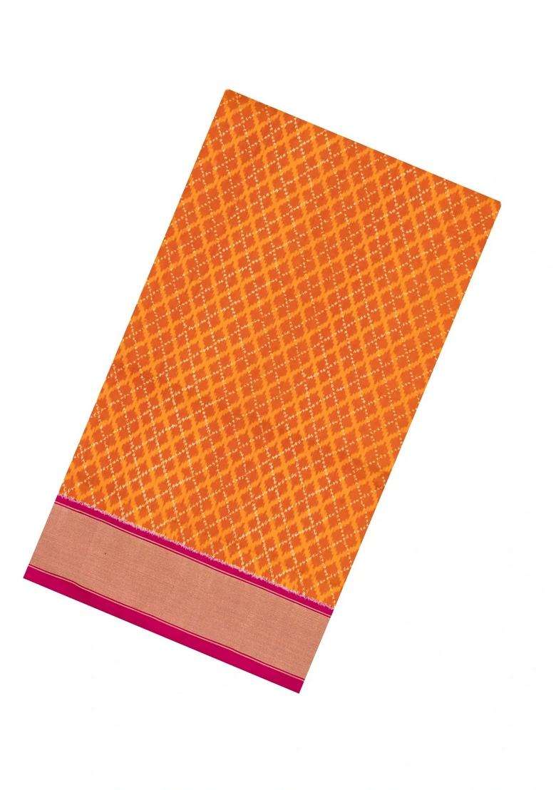 Orange Handloom Pochampally Ikat Silk Saree With Tie Dye Motifs With Printed Design For Women - Indya