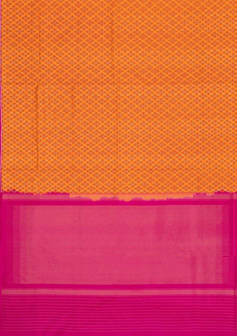 Orange Handloom Pochampally Ikat Silk Saree With Tie Dye Motifs With Printed Design For Women - Indya