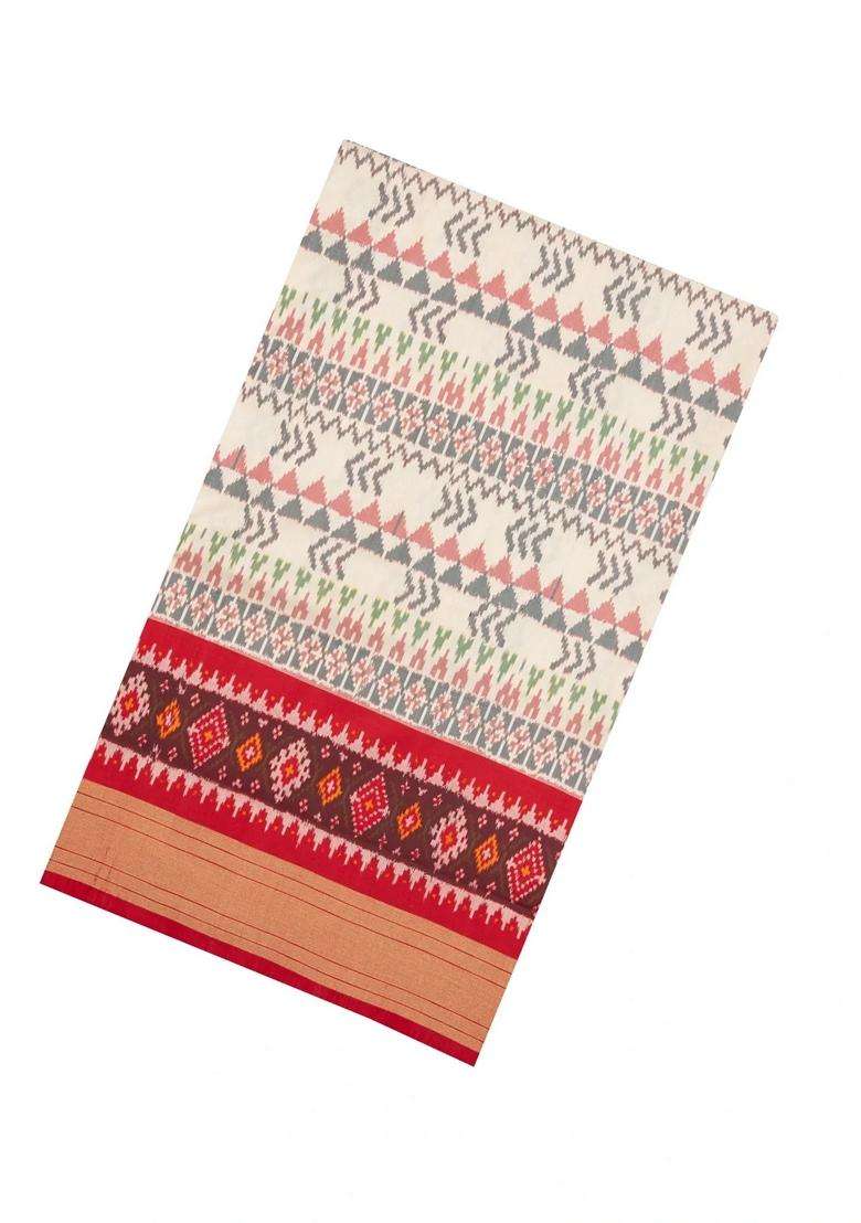 Cream Handloom Pochampally Ikat Silk Saree With Tie Dye Motifs With Printed Design For Women - Indya