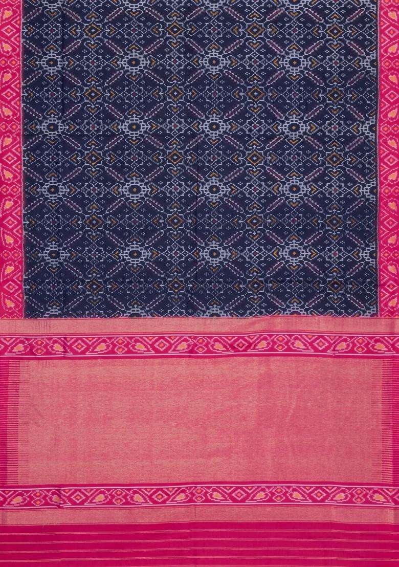 Navy Blue Handloom Pochampally Ikat Silk Saree With Tie Dye Motifs With Printed Design For Women - Indya