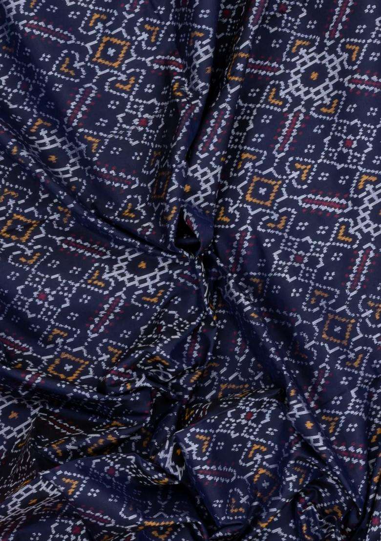 Navy Blue Handloom Pochampally Ikat Silk Saree With Tie Dye Motifs With Printed Design For Women - Indya