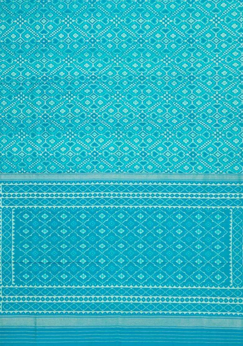 Turquoise Handloom Pochampally Ikat Silk Saree With Tie Dye Motifs With Printed Design For Women - Indya