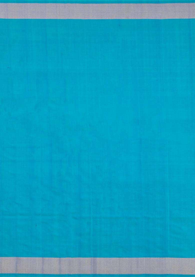 Turquoise Handloom Pochampally Ikat Silk Saree With Tie Dye Motifs With Printed Design For Women - Indya