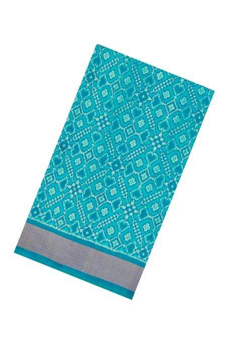 Turquoise Handloom Pochampally Ikat Silk Saree With Tie Dye Motifs With Printed Design For Women