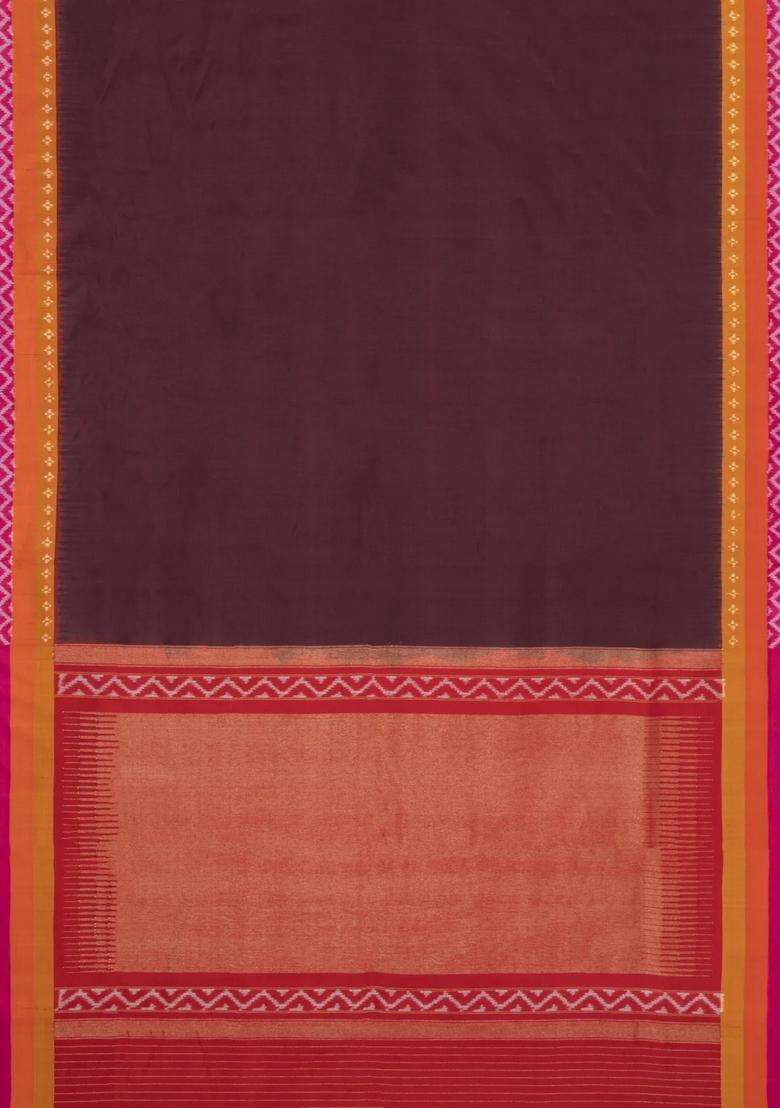 Dark Brown Handloom Pochampally Ikat Silk Saree With Tie Dye Motifs With Printed Design For Women - Indya