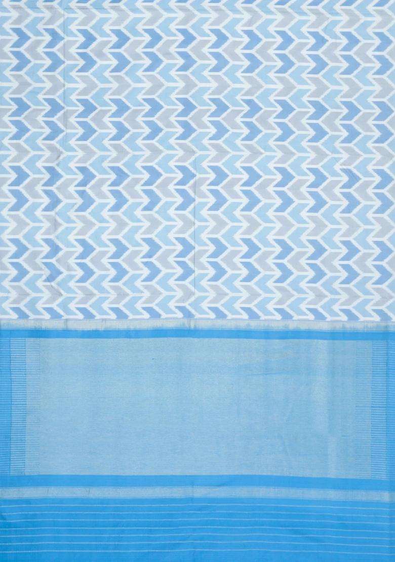 Grey Handloom Pochampally Ikat Silk Saree With Tie Dye Motifs With Printed Design For Women - Indya