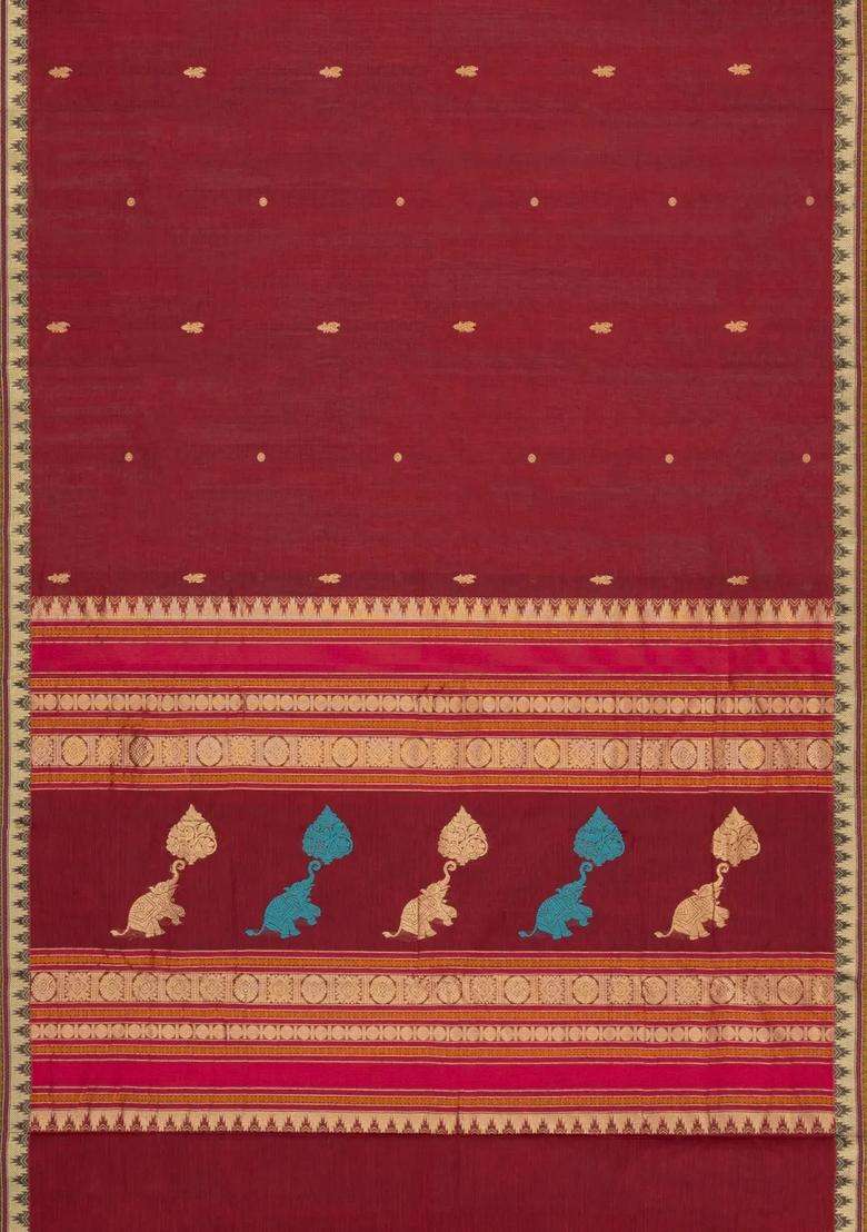 Crimson Handloom Kanchi Cotton Saree With Zari Buttas With Buttas And Brocade Design For Women - Indya