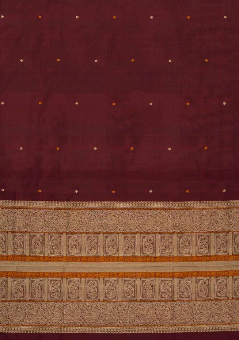Maroon Handloom Silk Cotton Saree With Buttas With Buttas And Brocade Design For Women - Indya