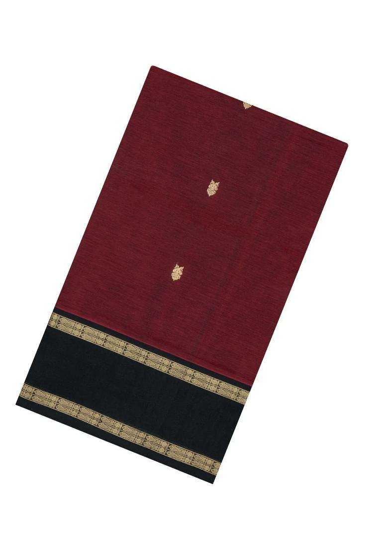 Maroon Handloom Silk Cotton Saree With Buttas Contrast Border With Buttas And Brocade Design For Women - Indya