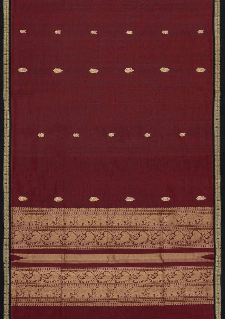 Maroon Handloom Silk Cotton Saree With Buttas Contrast Border With Buttas And Brocade Design For Women - Indya