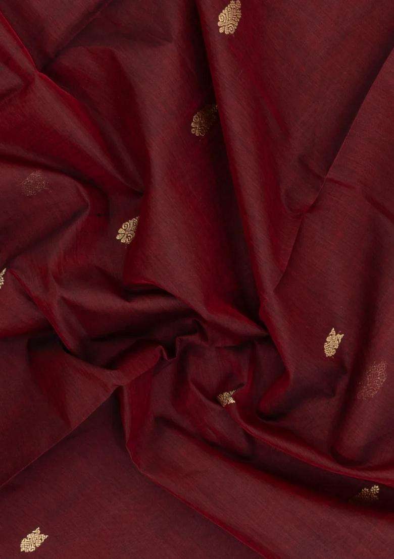 Maroon Handloom Silk Cotton Saree With Buttas Contrast Border With Buttas And Brocade Design For Women - Indya