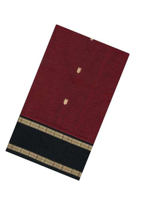 Maroon Handloom Silk Cotton Saree With Buttas Contrast Border With Buttas And Brocade Design For Women
