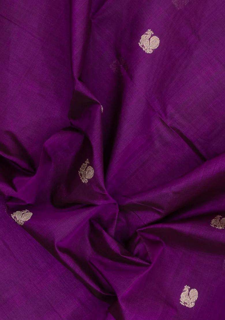 Purple Handloom Silk Cotton Saree With Buttas With Buttas And Brocade Design For Women - Indya