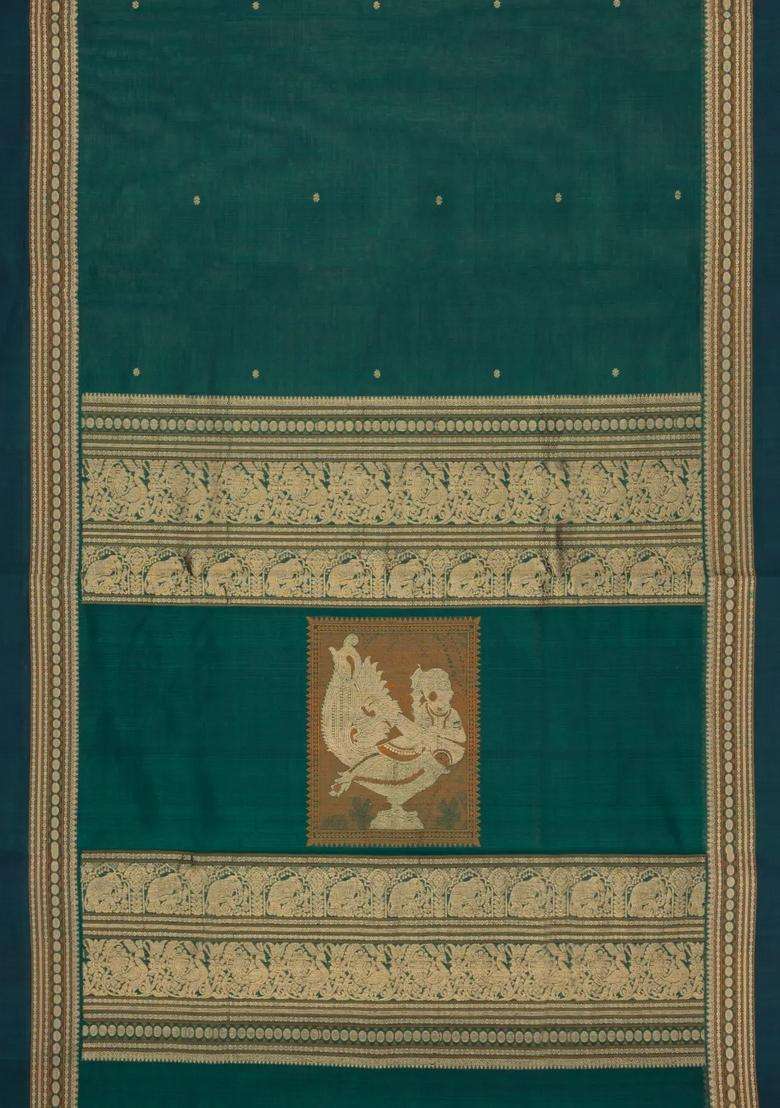 Sea Green Handloom Silk Cotton Saree With Buttas With Buttas And Brocade Design For Women - Indya