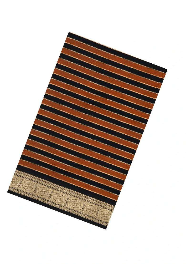 Black Rust Handloom Soft Silk Cotton Saree With Veldhari Stripes With Checks And Stripes Design For Women - Indya