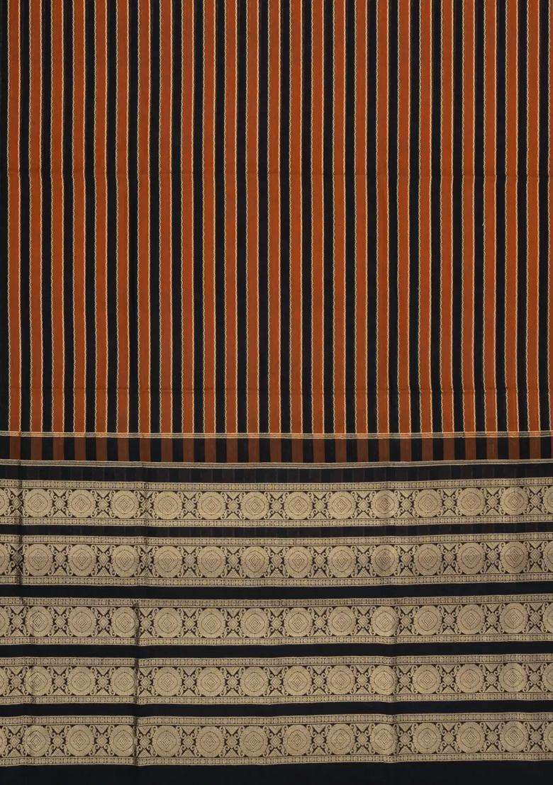 Black Rust Handloom Soft Silk Cotton Saree With Veldhari Stripes With Checks And Stripes Design For Women - Indya