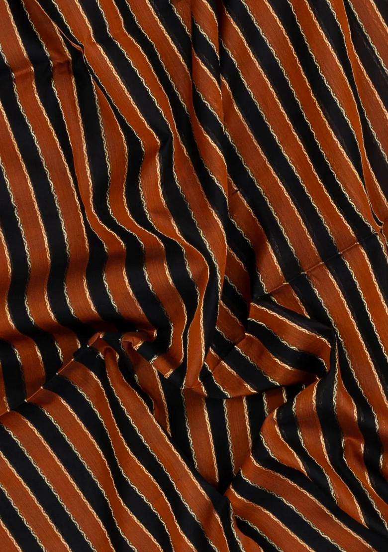 Black Rust Handloom Soft Silk Cotton Saree With Veldhari Stripes With Checks And Stripes Design For Women - Indya