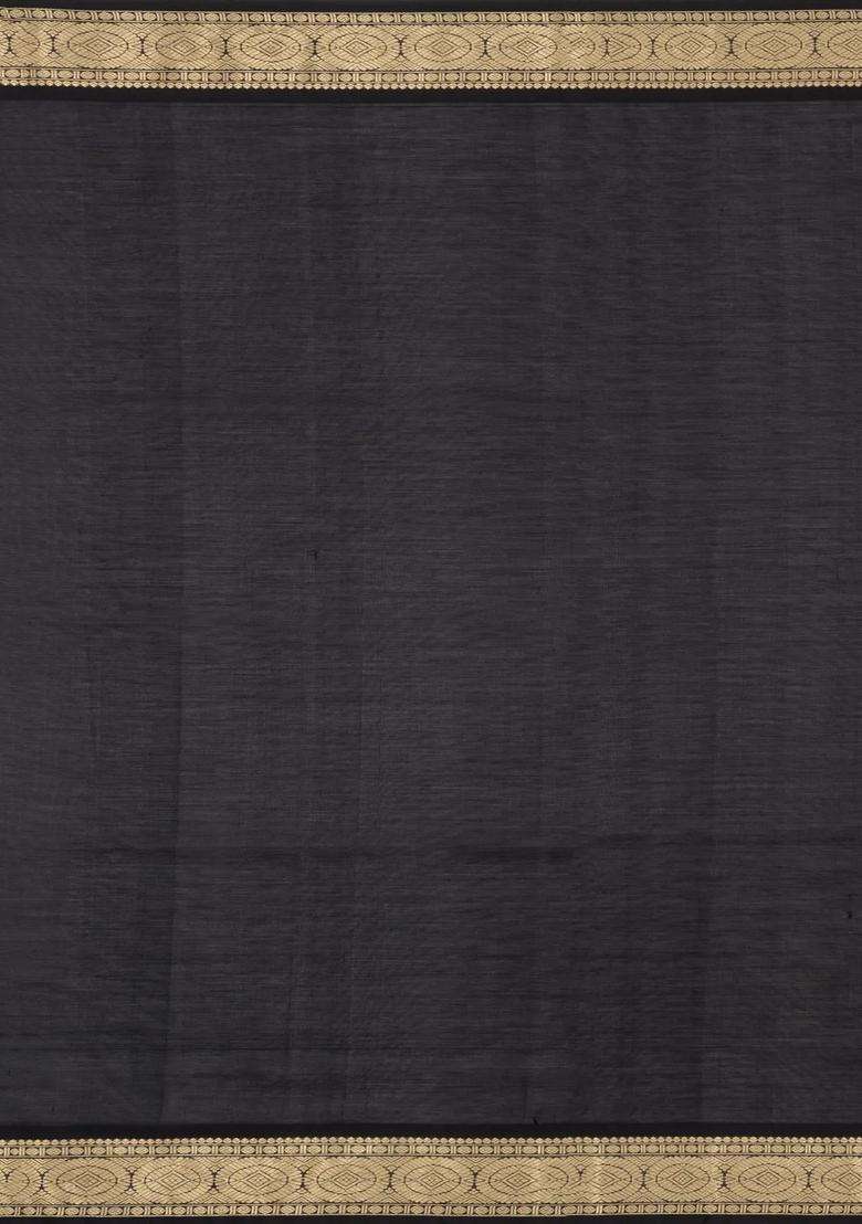 Black Rust Handloom Soft Silk Cotton Saree With Veldhari Stripes With Checks And Stripes Design For Women - Indya