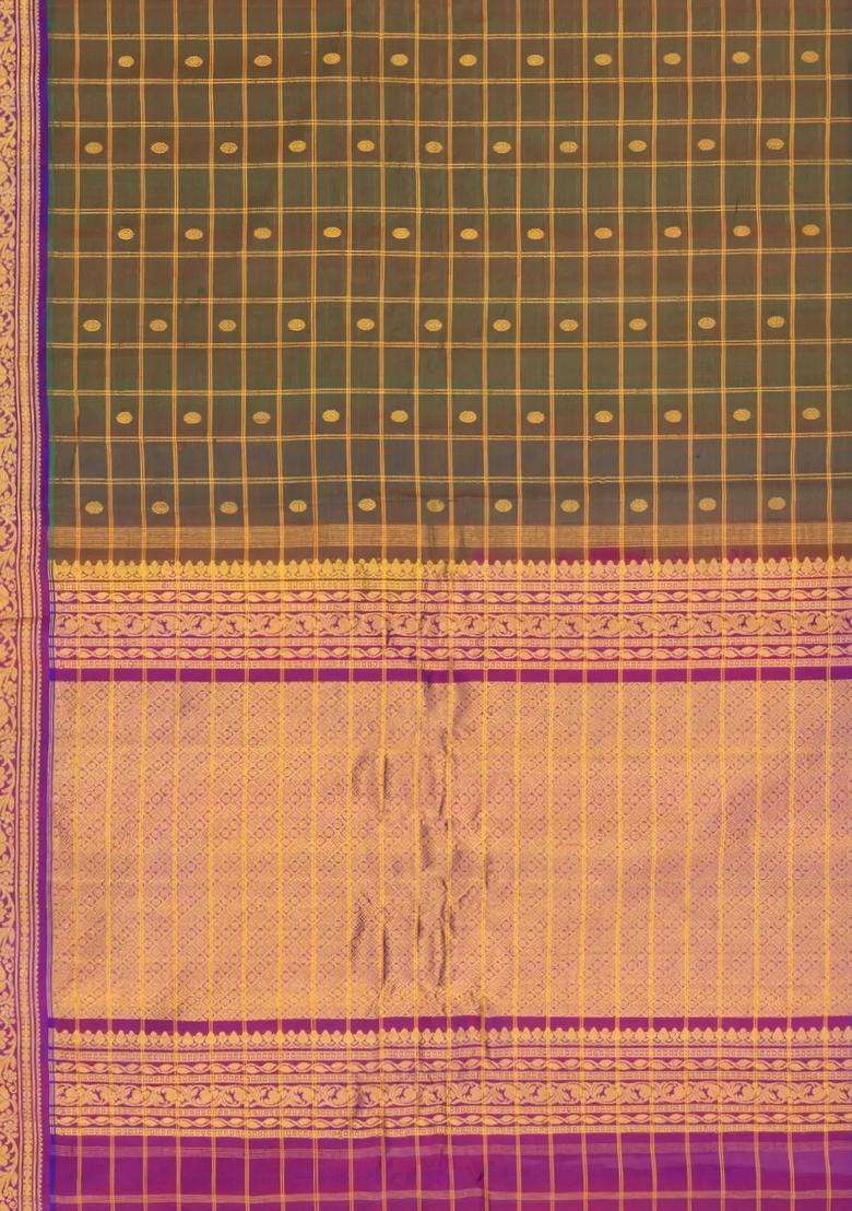 Green Handloom Gadwal Silk Cotton Saree With Checks Buttas With Buttas And Brocade Design For Women - Indya