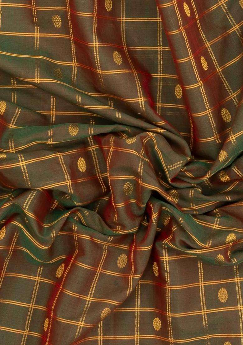 Green Handloom Gadwal Silk Cotton Saree With Checks Buttas With Buttas And Brocade Design For Women - Indya
