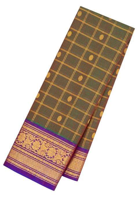 Green Handloom Gadwal Silk Cotton Saree With Checks Buttas With Buttas And Brocade Design For Women