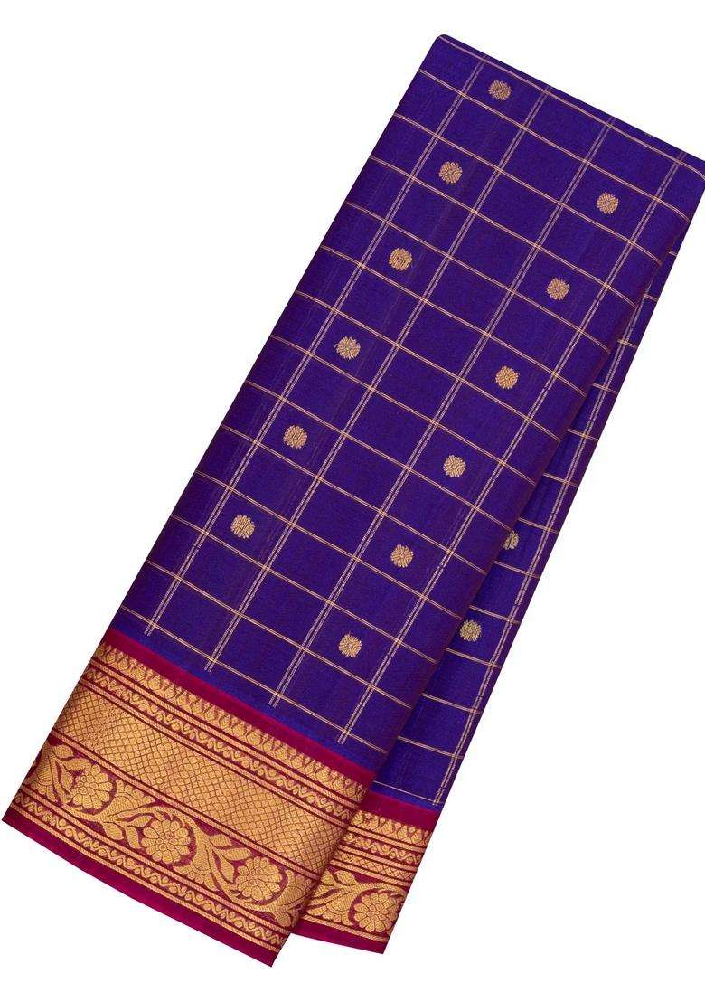 Purple Handloom Gadwal Silk Cotton Saree With Checks Buttas With Buttas And Brocade Design For Women - Indya