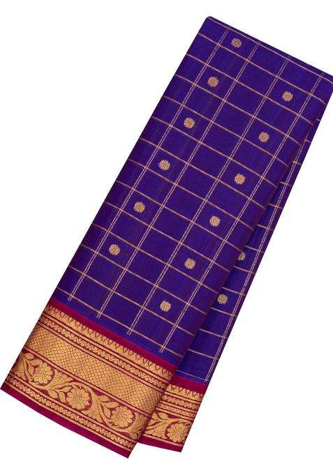 Purple Handloom Gadwal Silk Cotton Saree With Checks Buttas With Buttas And Brocade Design For Women