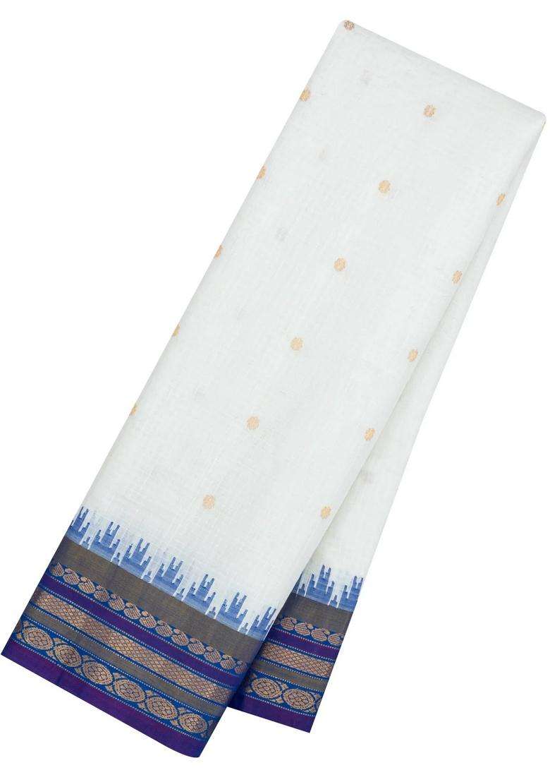 White Handloom Gadwal Sico Saree With Cotton Body Silk Border With Buttas And Brocade Design For Women - Indya