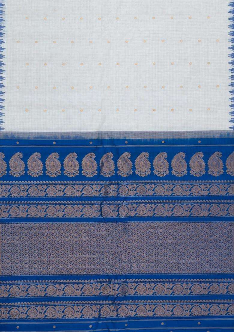 White Handloom Gadwal Sico Saree With Cotton Body Silk Border With Buttas And Brocade Design For Women - Indya