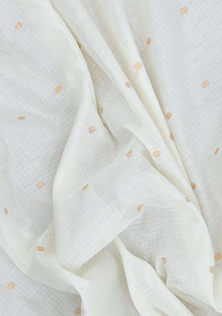 White Handloom Gadwal Sico Saree With Cotton Body Silk Border With Buttas And Brocade Design For Women - Indya
