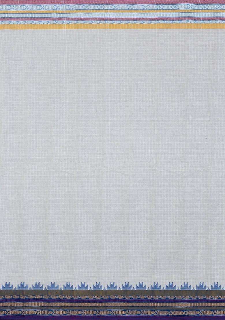White Handloom Gadwal Sico Saree With Cotton Body Silk Border With Buttas And Brocade Design For Women - Indya