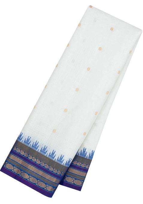 White Handloom Gadwal Sico Saree With Cotton Body Silk Border With Buttas And Brocade Design For Women