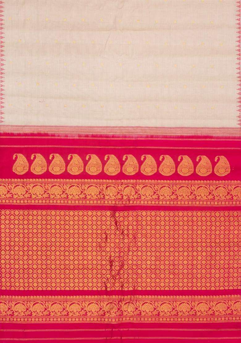 Cream Handloom Gadwal Sico Saree With Cotton Body Silk Border With Buttas And Brocade Design For Women - Indya