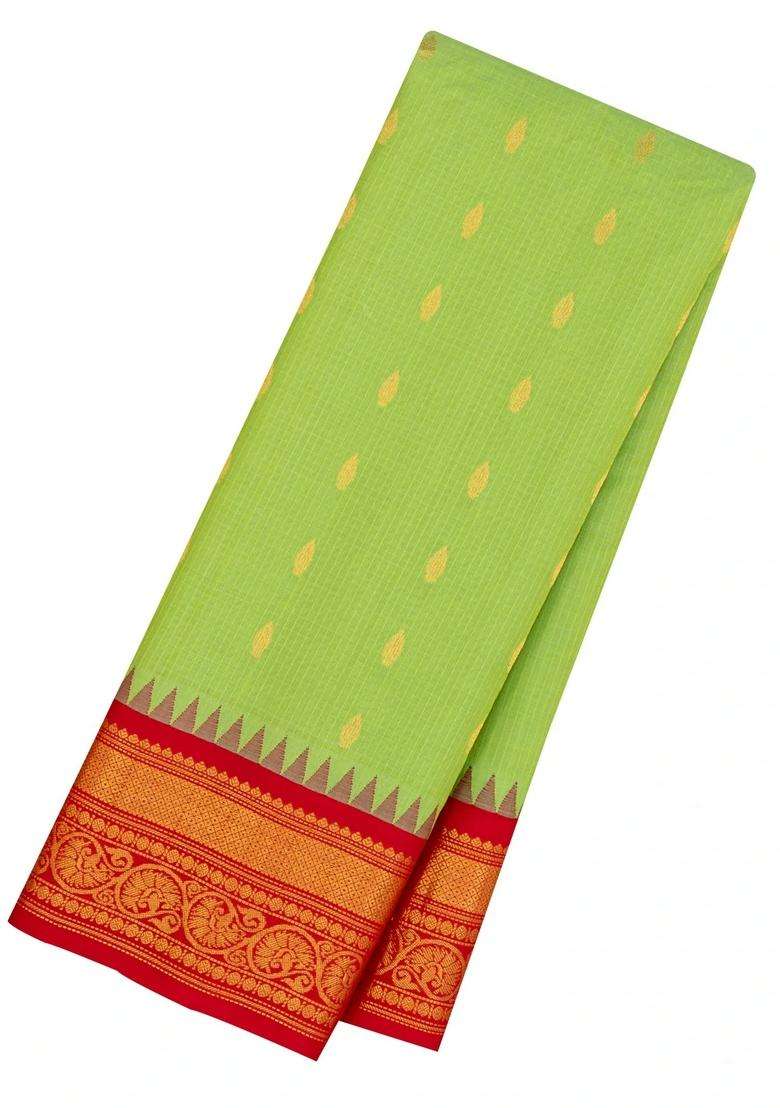 Light Green Handloom Gadwal Sico Saree With Cotton Body Silk Border With Buttas And Brocade Design For Women - Indya