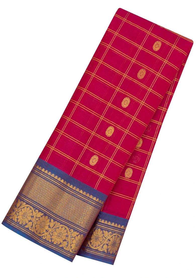 Pink Handloom Gadwal Silk Cotton Saree With Checks Buttas With Buttas And Brocade Design For Women - Indya