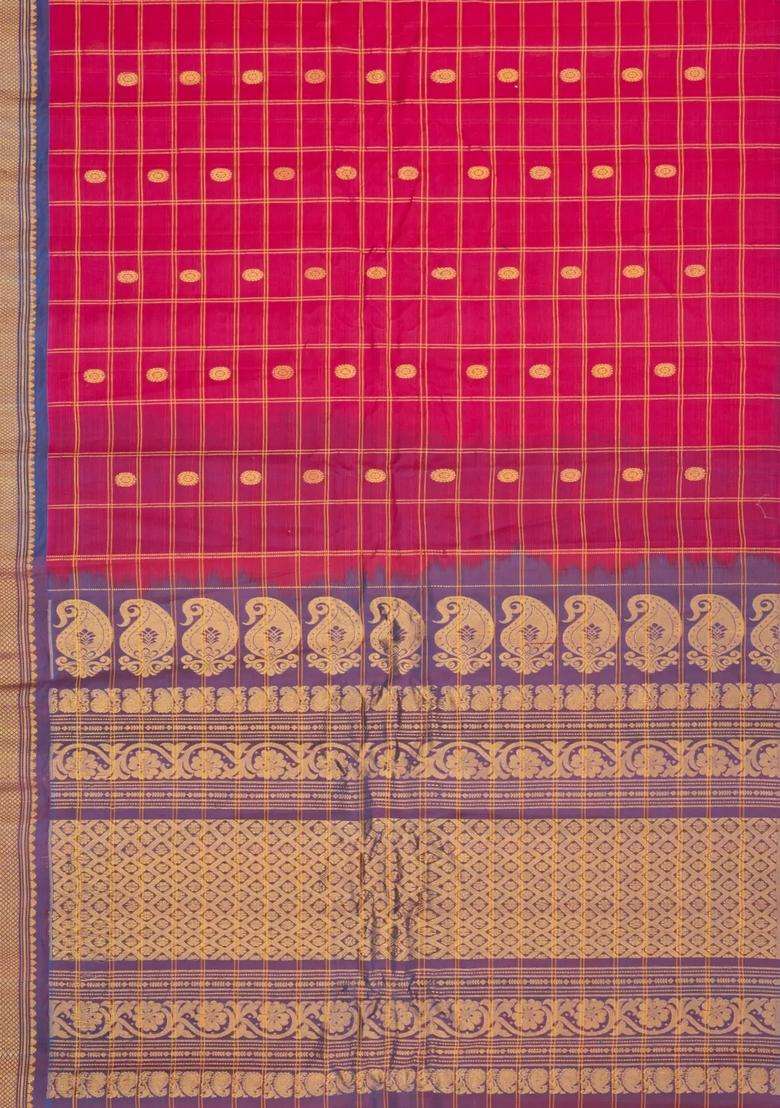 Pink Handloom Gadwal Silk Cotton Saree With Checks Buttas With Buttas And Brocade Design For Women - Indya