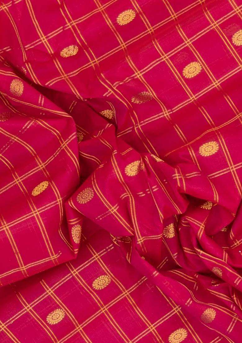 Pink Handloom Gadwal Silk Cotton Saree With Checks Buttas With Buttas And Brocade Design For Women - Indya