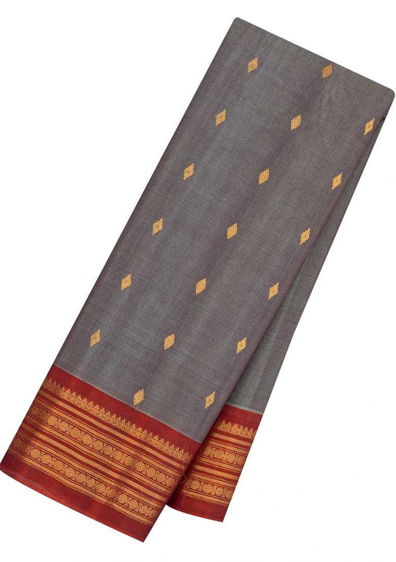 Grey Handloom Gadwal Silk Cotton Saree With Buttas With Buttas And Brocade Design For Women - Indya