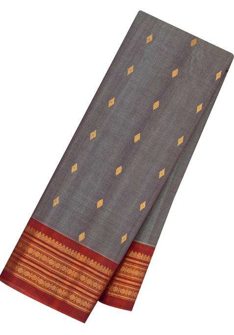 Grey Handloom Gadwal Silk Cotton Saree With Buttas With Buttas And Brocade Design For Women