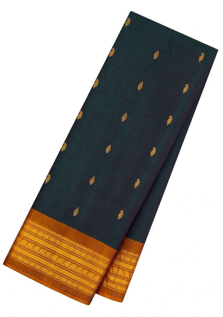 Bottle Green Handloom Gadwal Silk Cotton Saree With Buttas With Buttas And Brocade Design For Women - Indya